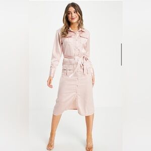 Lola May tie waist satin midi shirt dress in rose pink